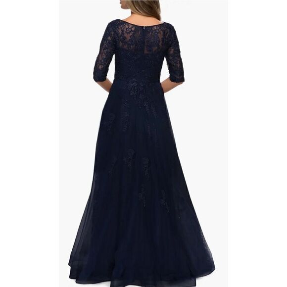 La Femme Floral Lace & Tulle Gown in Navy NWT Size 16 - Picture 2 of 7